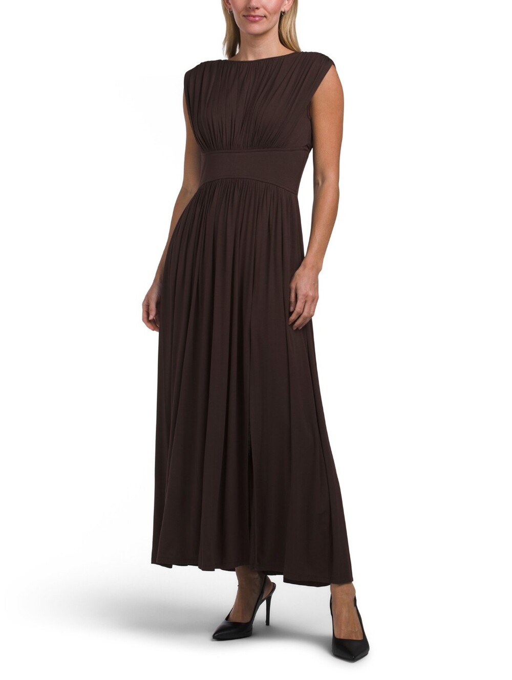 Taylor Elegant Brown Cap-Sleeve Maxi Dress NWT